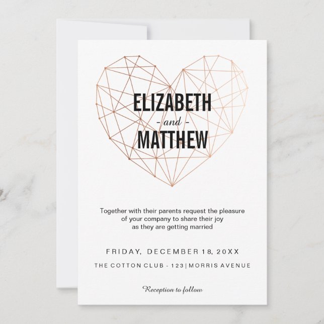 Convites Casamento de coração geométrico rosa de ouro moder (Frente)