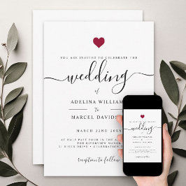 Convites Casamento de Coração Vermelho com Caligrafia Mínim