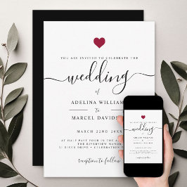 Convites Casamento de Coração Vermelho com Caligrafia Mínim