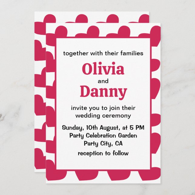 Convites Casamento de Corações de Amor Rosa (Frente/Verso)