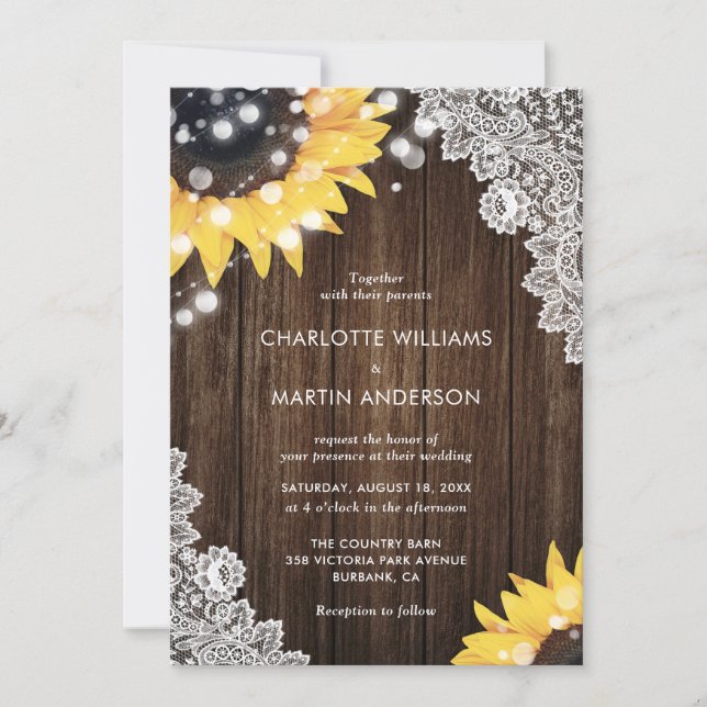 Convites Casamento de Corações de Sunflower Rustic Madeira  (Frente)