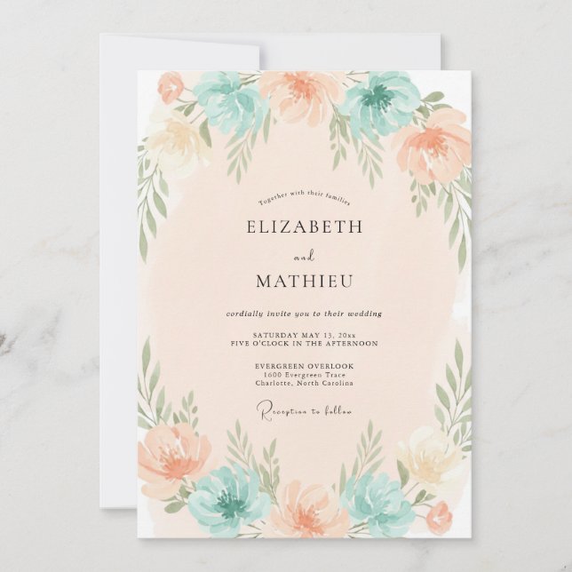Convites Casamento de Coral Aqua Folhagem Eucalipto (Frente)