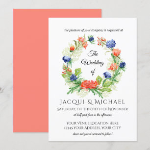 Convites Casamento de Coral com Thistle Wreath Azul n Coral