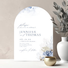 Convites Casamento de coral de aquarela azul e conchas