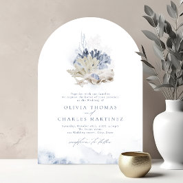 Convites Casamento de coral de aquarela azul e conchas