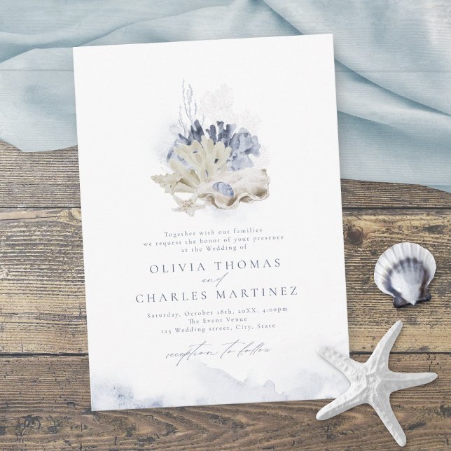 Convites Casamento de coral de aquarela azul e conchas (Criador carregado)