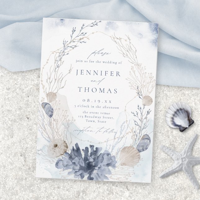Convites Casamento de coral de aquarela azul e conchas (Blue watercolor coral & seashells beach wedding invitation)