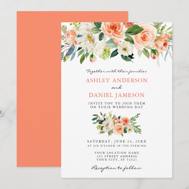 Convites Casamento de Coral Floral de Aquarela Elegante (Frente/Verso)