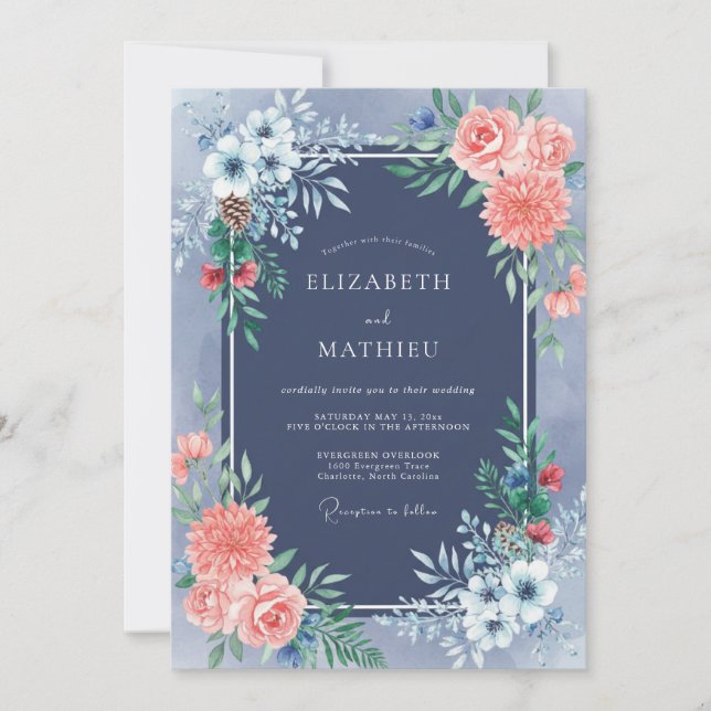Convites Casamento de Coral Floral Louro Marinho (Frente)