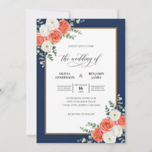 Convites Casamento de Coral Naval Bouquet Eucalipto