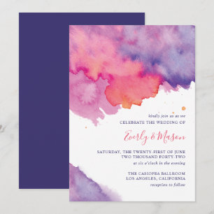 Convites Casamento de Coral Rosa e Abstrato de Água Púrpu