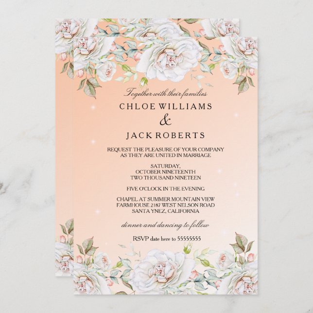 Convites Casamento de Coral Rosa Rosa Branca Bouquet (Frente/Verso)