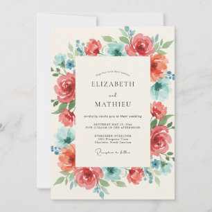 Convites Casamento de Coral Teal Ranunculus Eucalipto