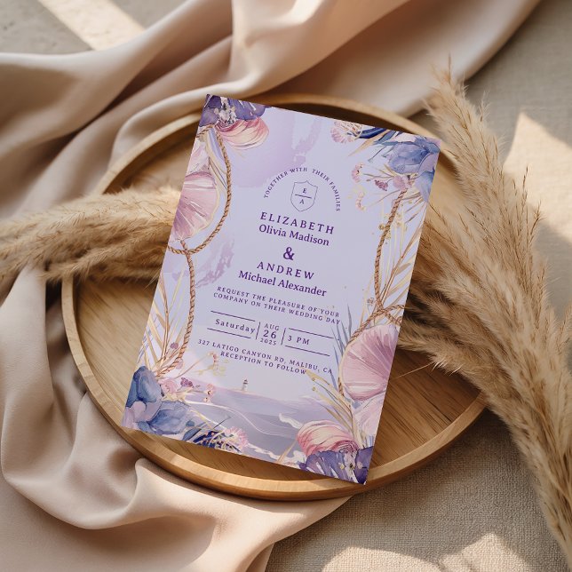 Convites Casamento de Corda de Concha Marinha Lavanda Coste (Criador carregado)