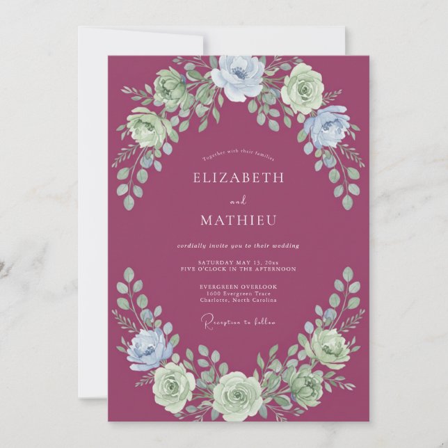 Convites Casamento de Coroa de Aquarela Magenta (Frente)