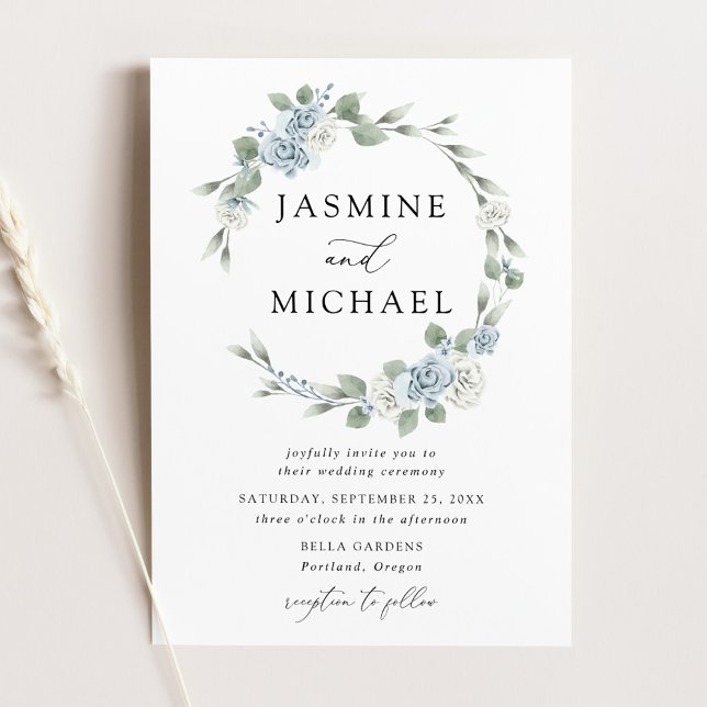 Convites Casamento de Coroa Floral Azul Elegante e Poética (Criador carregado)