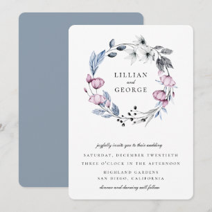 Convites Casamento de Coroa Floral Azul Empoeirado Mauve
