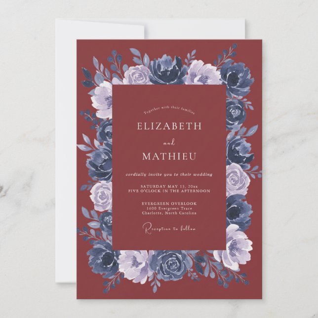 Convites Casamento de Coroa Floral Moody Burgundy (Frente)