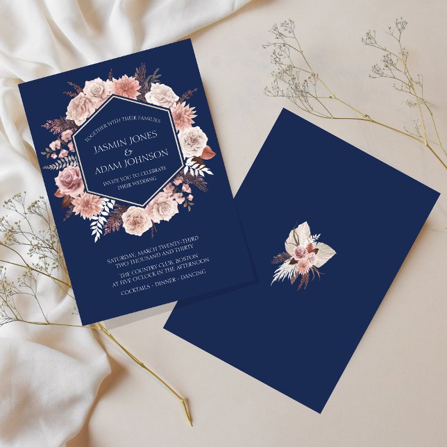 Convites Casamento de Coroa Floral Rosa Azul Marinho Boho (Boho Navy Blue Pink Floral Wreath Wedding Invitation)