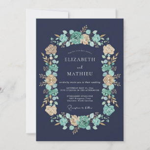 Convites Casamento de Coroa Floral Verde Azul-Marinho