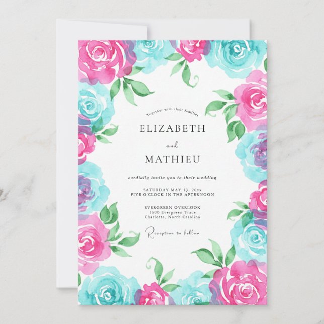 Convites Casamento de Coroa Turquesa Magenta (Frente)