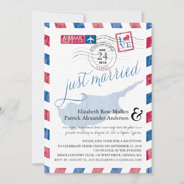 Convites Casamento de Correio Aéreo Antigo de Chipre Recepç (Frente)