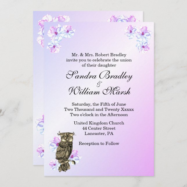 Convites Casamento de Coruja Roxa (Frente/Verso)