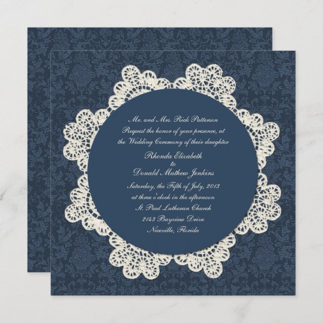 Convites Casamento de Country Denim Damask & Ivory Lace (Frente/Verso)