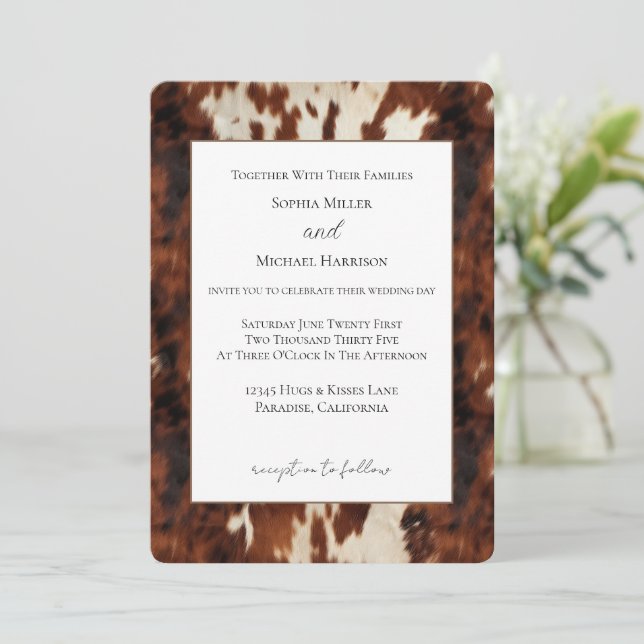 Convites Casamento de Couro de Vaca Creme Marrom Ocidental (Em pé/Frente)