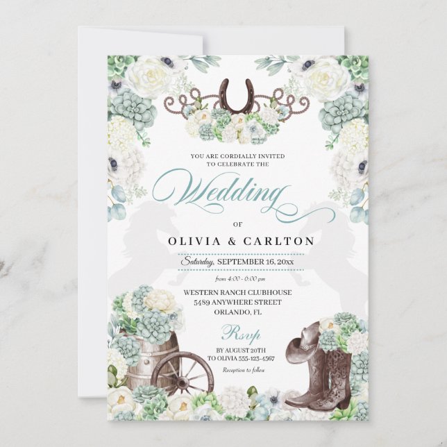 Convites Casamento de Cowboy Ocidental - Casa Floral Mint G (Frente)