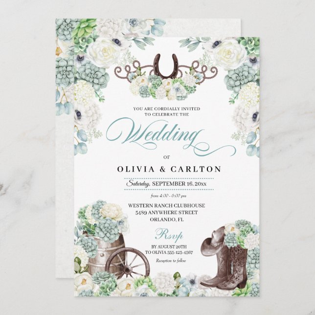 Convites Casamento de Cowboy Ocidental - Casa Floral Mint G (Frente/Verso)