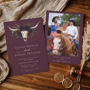 Convites Casamento de Crânio de Foto Ocidental Borgonha Mal