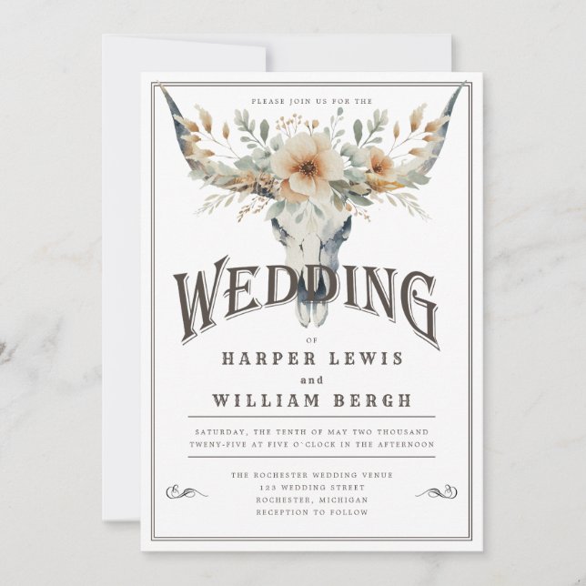 Convites Casamento de crânio de Watercolor longhorn (Frente)