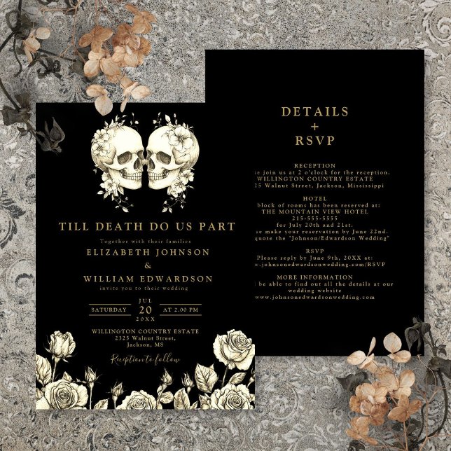 Convites Casamento de Crânios Góticos Preto e Dourado Tudo  (All In One Black And Gold Gothic Skulls Wedding Invitation)
