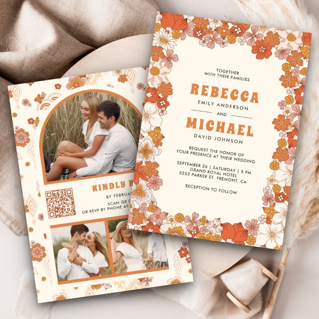 Convites Casamento de Cream Orange Groovy Retro Wildflower (Criador carregado)