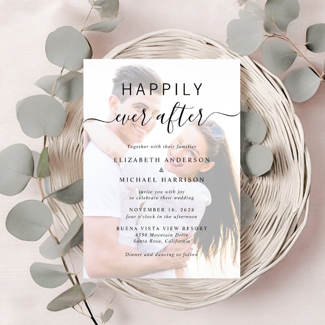 Convites Casamento de Creme de Código QR com Sobreposição d (A chic Happily Ever After Photo Wedding Invitation)