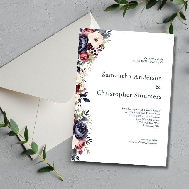 Convites Casamento de Creme Floral de Aquarela Marinho Borg (Burgundy Navy Cream Watercolor Floral Elegant Modern Wedding Invitation)
