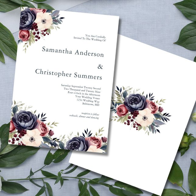 Convites Casamento de Creme Floral de Aquarela Marinho Borg (Burgundy Navy Cream Watercolor Florals Elegant Wedding Invitation. Printed or Digital Download)