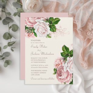 Convites Casamento de Creme Floral Rosa-Rosa com Escamudo d