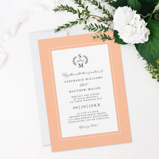 Convites Casamento de Crest de Caligrafia para Iniciais de  (Elegant Peach Initials Calligraphy Crest Wedding Invitation)