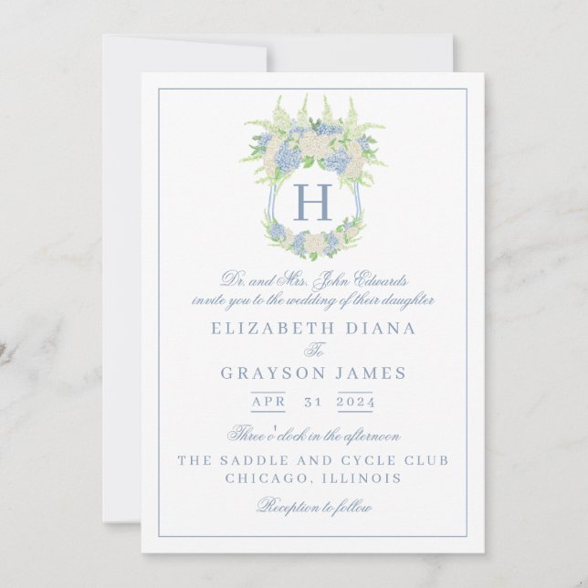 Convites Casamento de Crest de Hydrangea Azul e Branco (Frente)