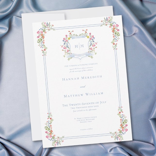 Convites Casamento de Crest de Pastel Azul e Derramado Eleg (Elegant Dusty Blue Pastel Wildflower Crest Wedding Invitation)