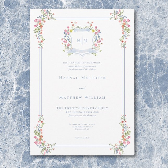 Convites Casamento de Crest de Pastel Azul e Derramado Eleg (Elegant Dusty Blue Pastel Wildflower Crest Wedding Invitation)