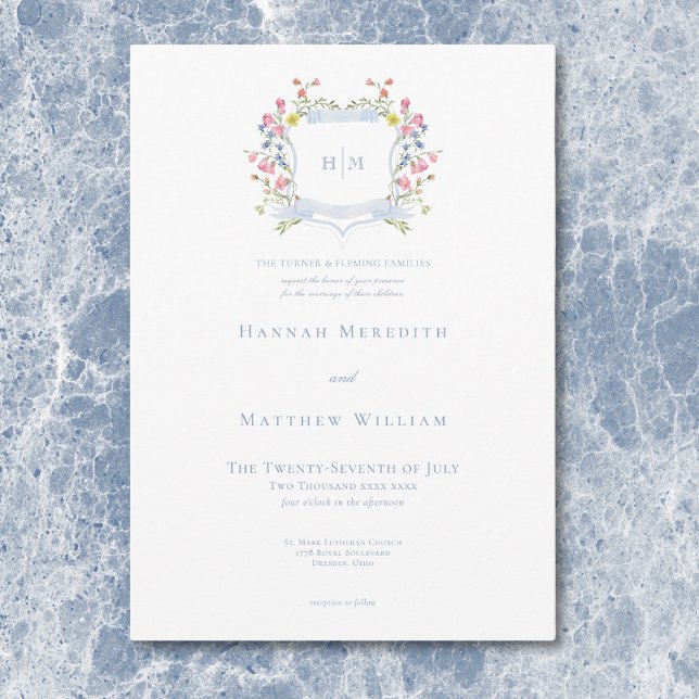 Convites Casamento de Crest de Pastel Azul e Derramado Eleg (Elegant Dusty Blue Pastel Wildflower Crest Wedding Invitation)