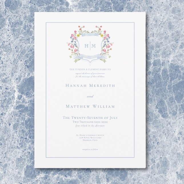 Convites Casamento de Crest de Pastel Azul e Derramado Eleg (Elegant Dusty Blue Pastel Wildflower Crest Wedding Invitation)