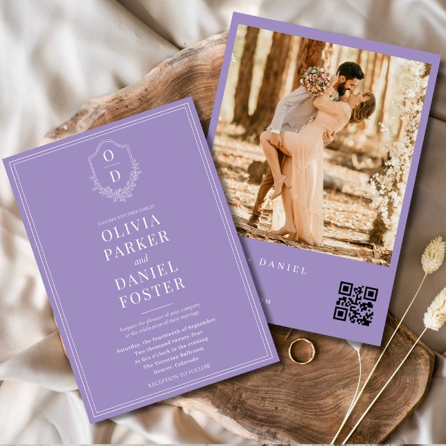 Convites Casamento de Crest do Código QR de Foto Roxo Lilac (Criador carregado)