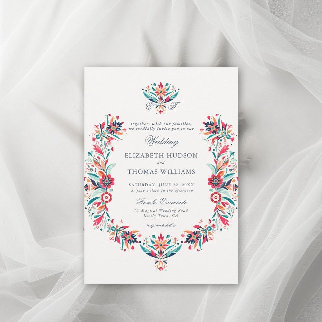 Convites Casamento de Crest Elegante de Frame Floral Mexica (rancho wedding mexican invitation floral frame watercolor wildflower formal classic traditional)