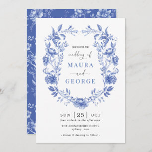 Convites Casamento de Crest Floral Azul de Chinoiserie Gard