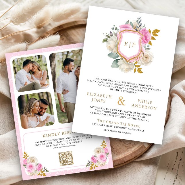 Convites Casamento de Crest Foto com Código QR Floral de Pa (Criador carregado)