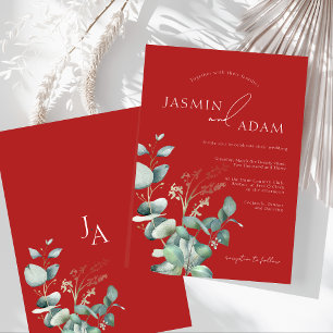 Convites Casamento de Crimson Red Eucalyptus Greenery Monog
